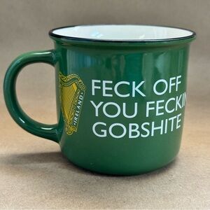 Irish Green and Gold Ceramic “Feck Off You Feckin Gobshite” Campfire Mug. 12 oz